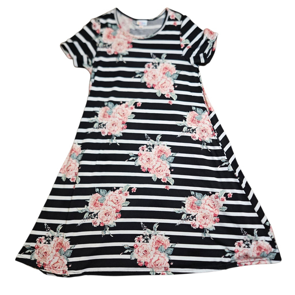 LuLaRoe Jessie Dress XS Black White Pink Floral Stripe Swing Dress Pockets - Picture 2 of 9